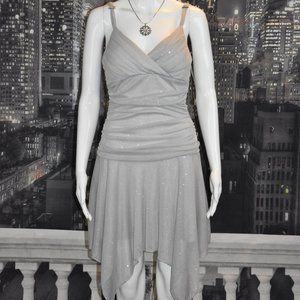 Three Pink Hearts Trinni sz M Sparkling Gray Asymmetrical Hemline Ruched Dress